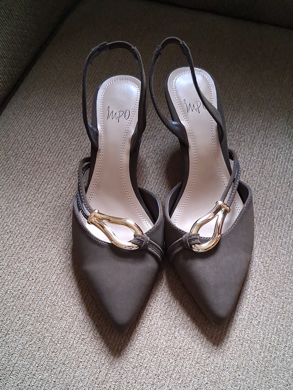 Impo Taupe Pointed Slingback Pumps with Gold Link